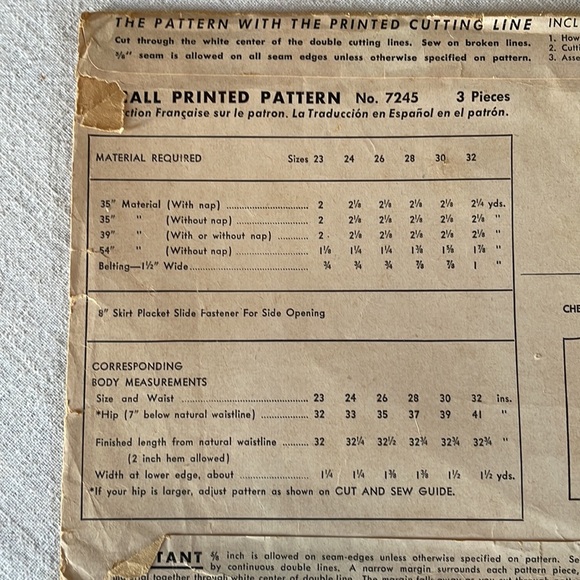 Vintage McCall printed pattern, #7245, for long skirt, ca 1940's, Waist 28" - Picture 4 of 7